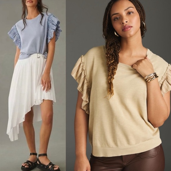 NWOT Anthropologie Pilcro Beige Tan Chambray Flutter Ruffle Sleeve Sweatshirt XS - Picture 2 of 10